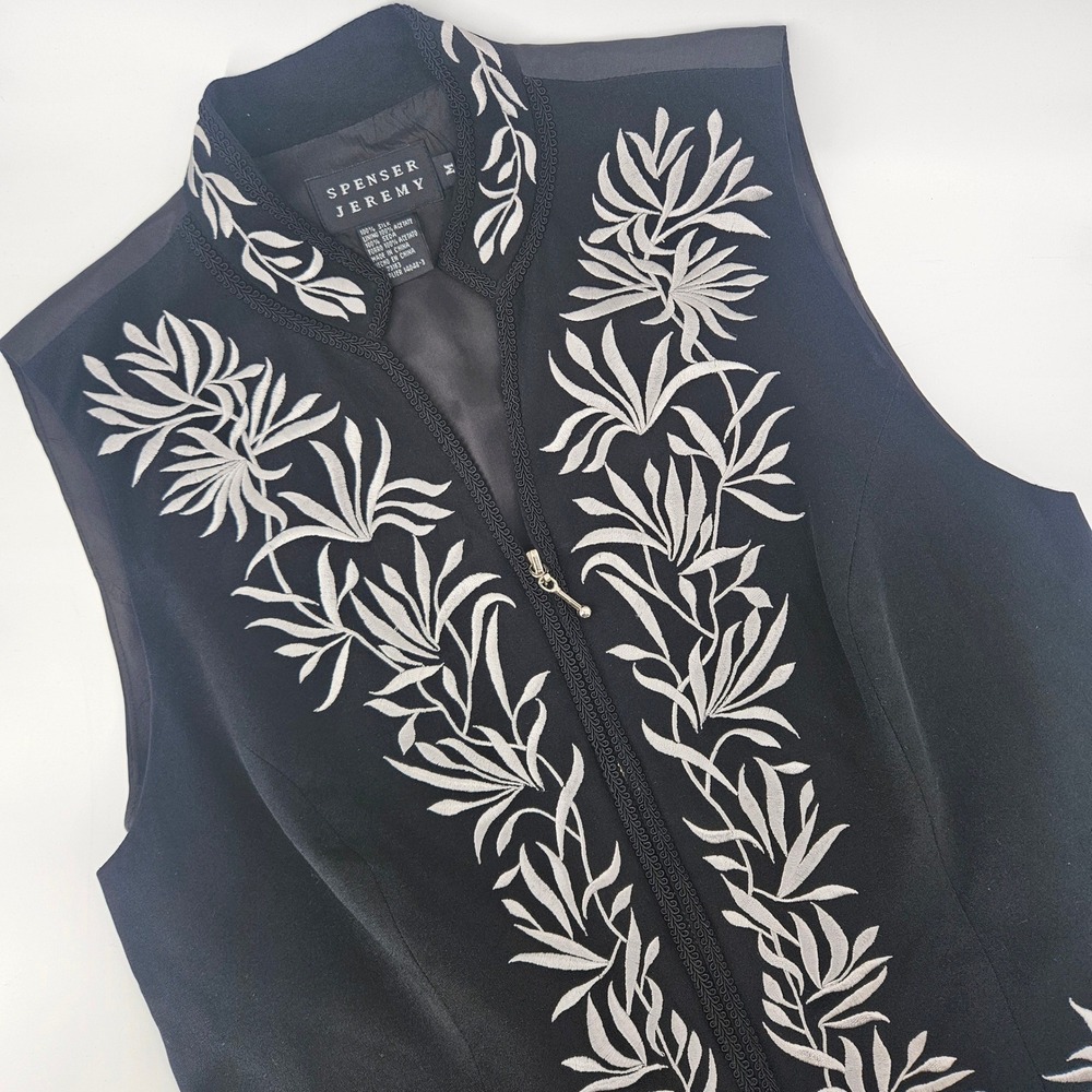 Spenser Jeremy Womens Medium Vest Silk Embroidered Floral Zip Front Boho Western